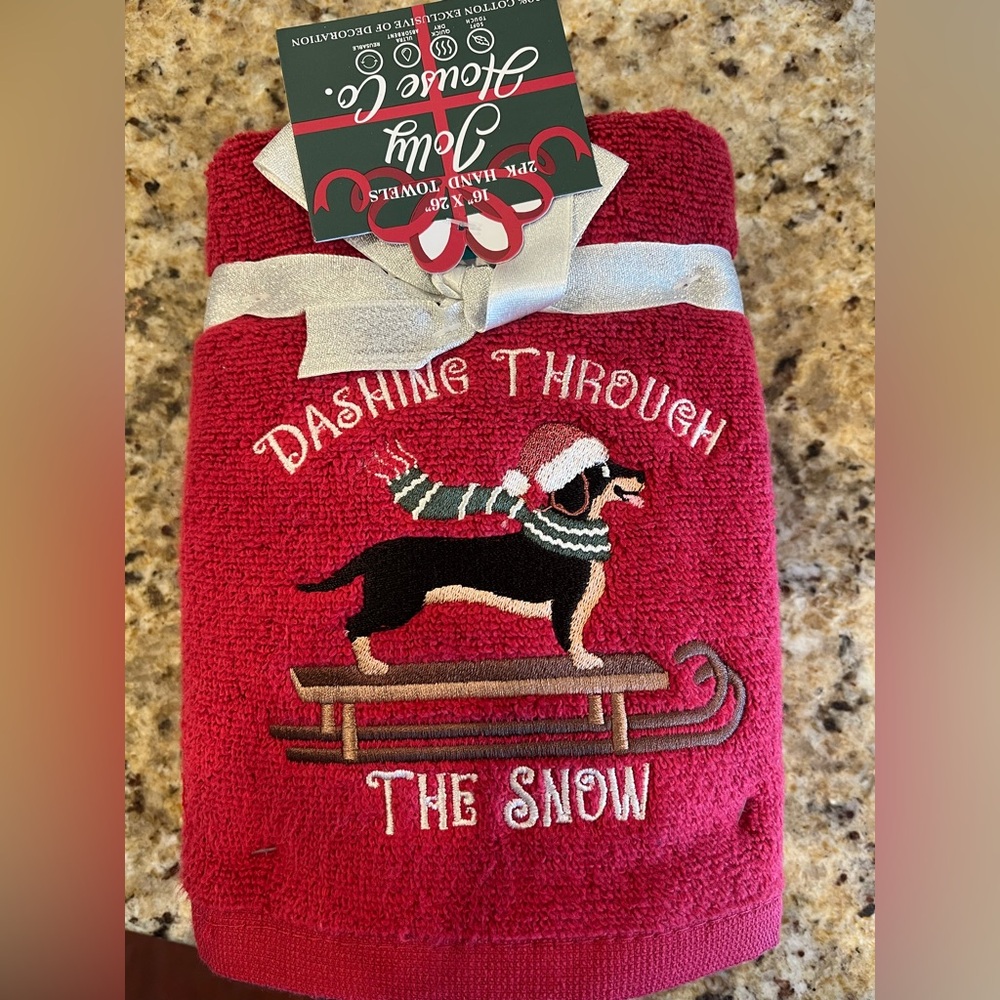 Red Christmas Hand Towel Set with Dog Dachshund Design